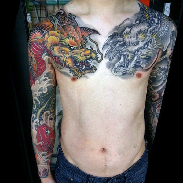 Guy With Epic Dragon Sleeve Tattoo Design