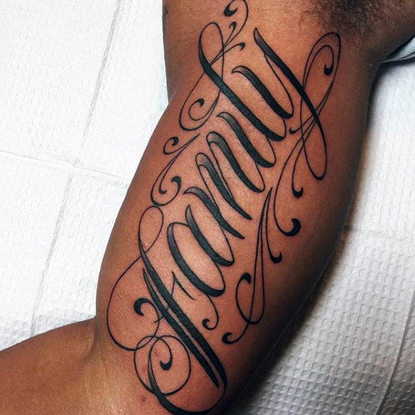 Guy With Family Letterings Tattoo On Upper Arms
