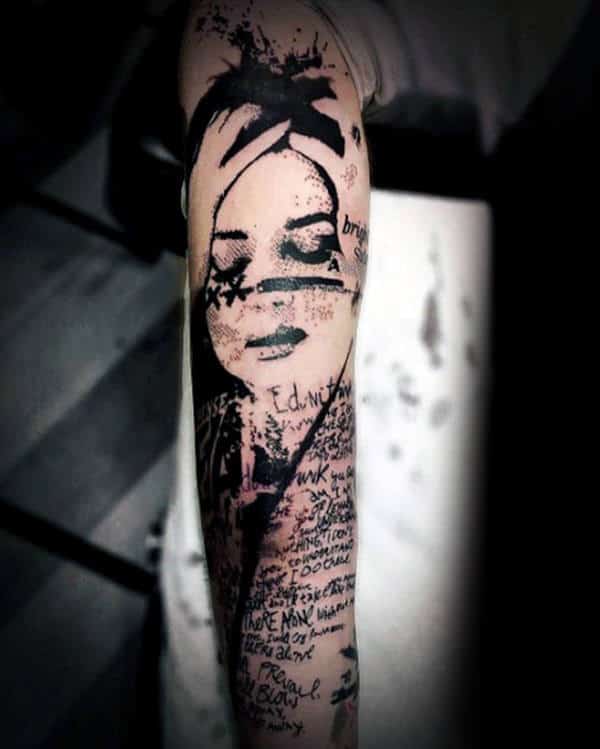Guy With Female Portrait Trash Polka Black Ink Arm Tattoo