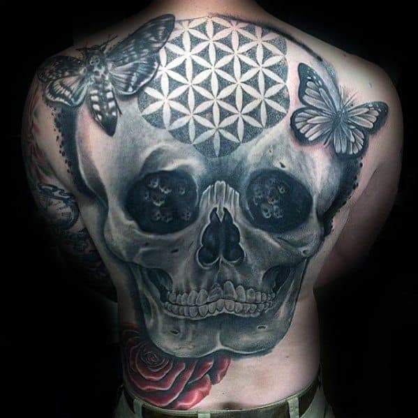 Guy With Flower Of Life Geometric Pattern Skull Back Tattoo Design