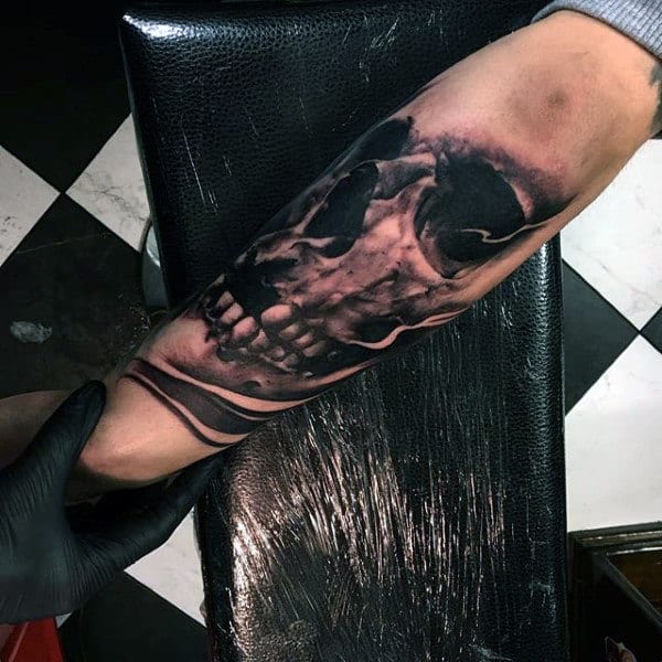 Guy With Forearm Sleeve Skull Tattoo
