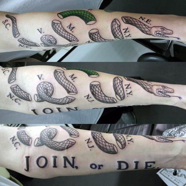 Guy With Forearm Tattoo Of Join Or Die Design