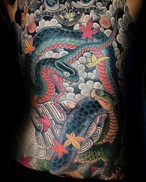guy-with-full-chest-japanese-snake-and-turtle-tattoos