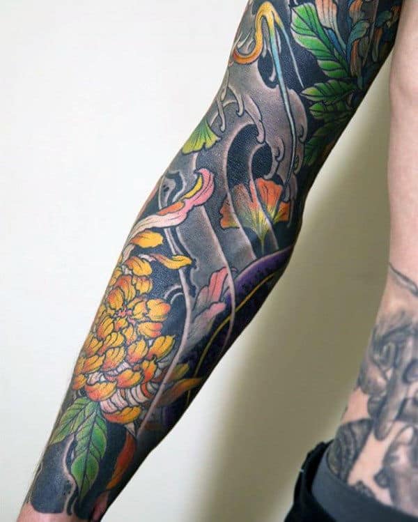 Guy With Full Sleeve Chrysanthemum Japanese Flower Tattoo Design