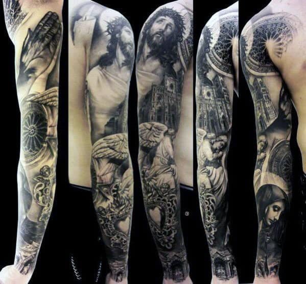 Guy With Full Sleeve Shaded Black And Grey Jesus Religious Themed Tattoos