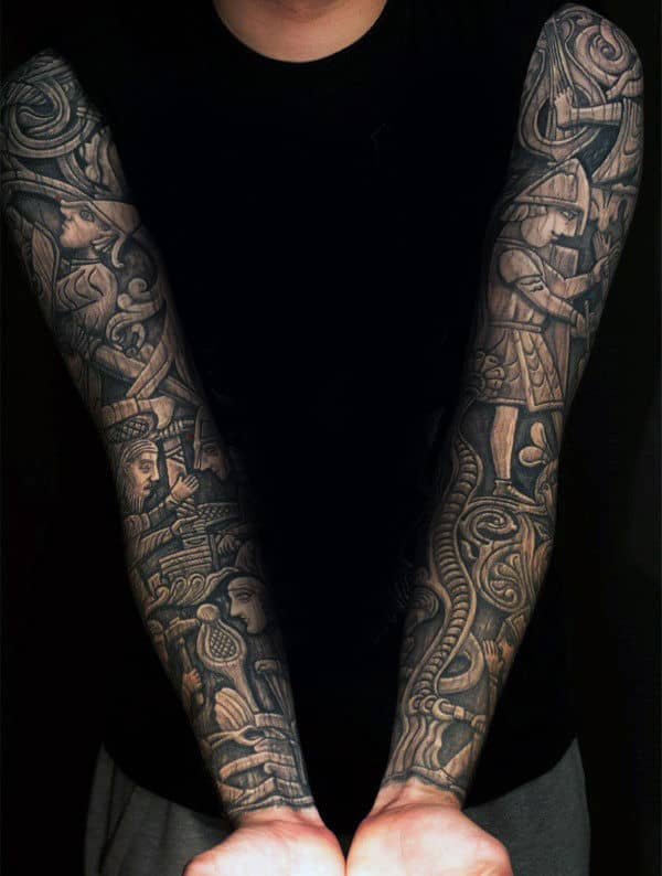 Guy With Full Sleeve Tattoos Wood Carving Designs