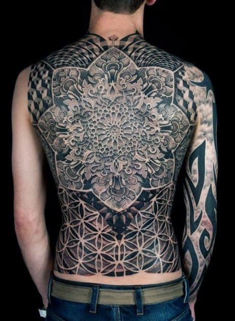 Guy With Geometric Back Tattoo Design