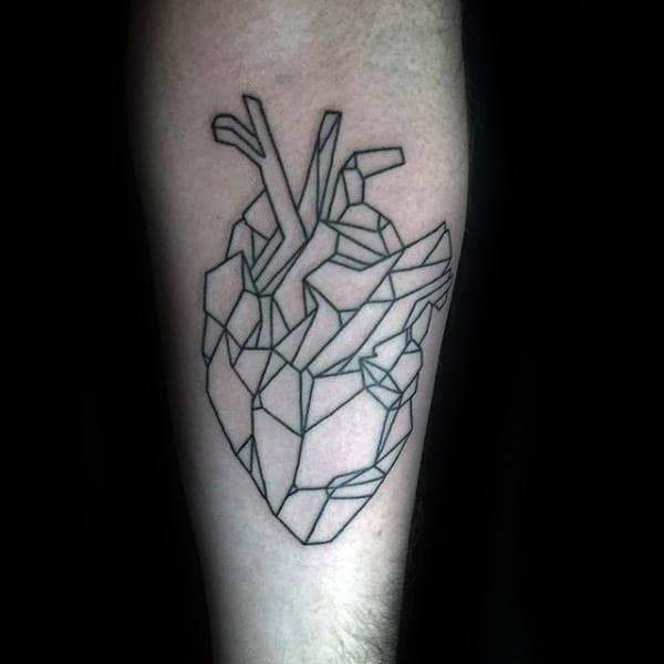 Guy With Geometric Heart Forearm Black Ink Outline Tattoo Design Ideas