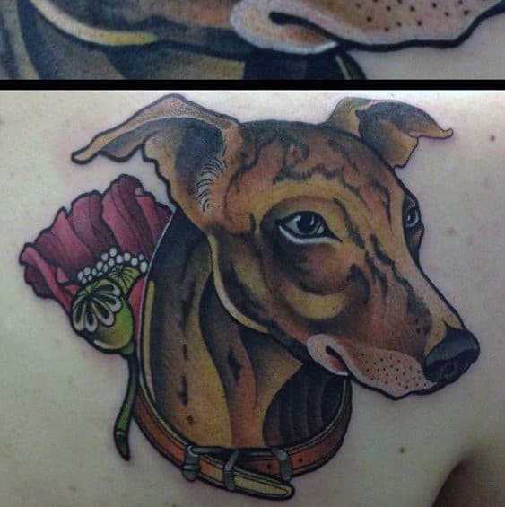 Guy With Greyhound Tattoo Design On Chest