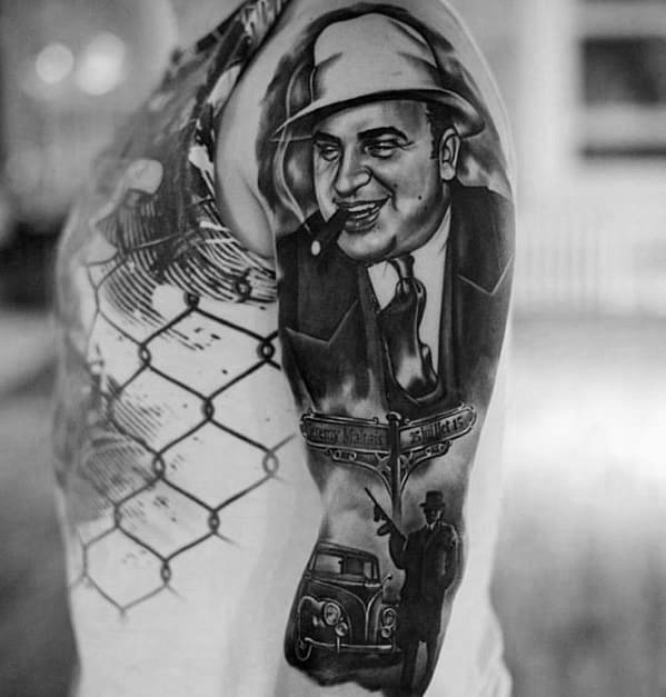 Guy With Half Sleeve 3d Realistic Al Capone Tattoo Design