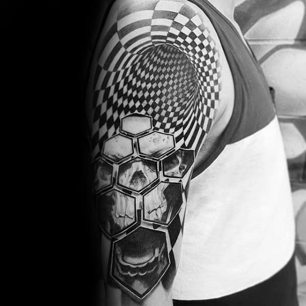 Guy With Half Sleeve Geometric Optical Illusion Consciousness Tattoo Design