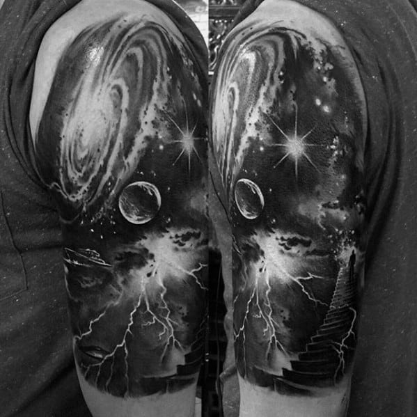 Guy With Half Sleeve Outer Space Thunderstorm Tattoo Design