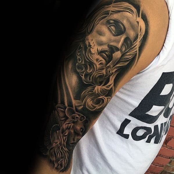 Guy With Half Sleeve Shaded Jesus Tattoo Design