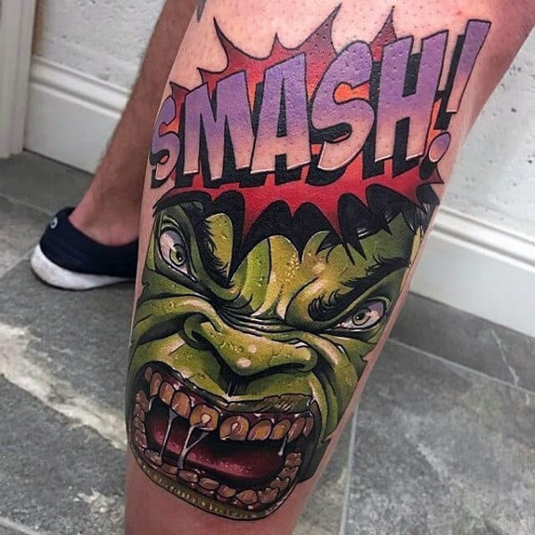 Guy With Hulk Smash Colorful Lower Leg Tattoo