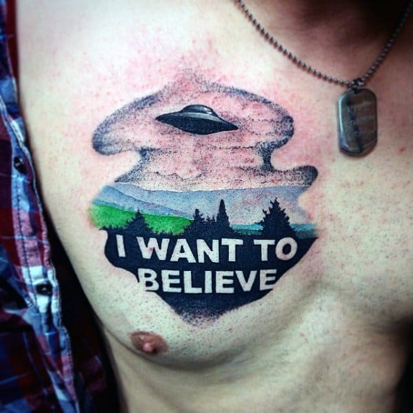Guy With I Want To Believe X Files Poster Chest Tattoo Design