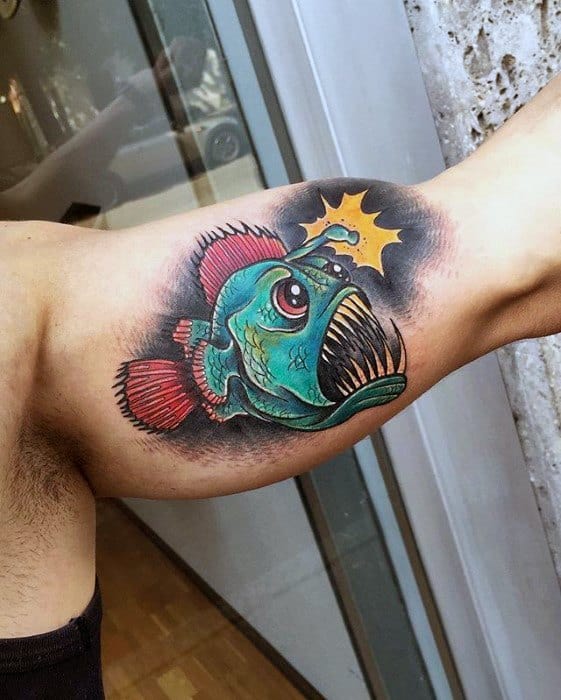 Guy With Inner Arm Bicep Angler Fish Tattoo Design