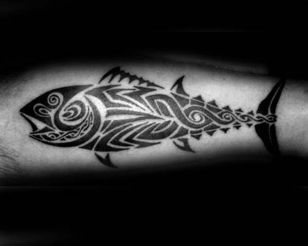 Guy With Inner Forearm Tribal Fish Tattoo