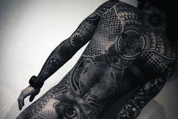 Guy With Intricate Detailing Of Black Henna Design Tattoo Full Black