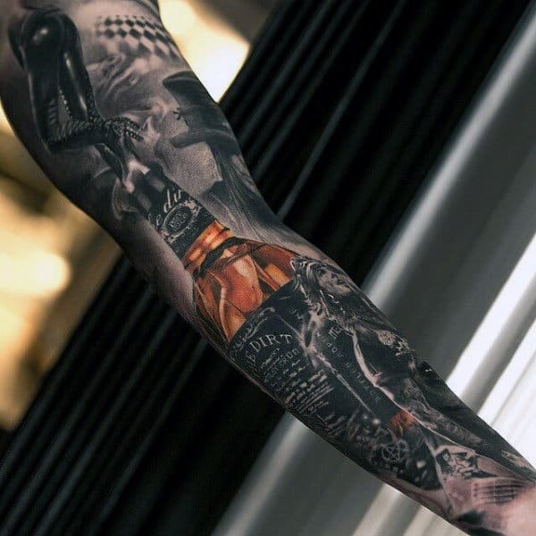 Guy With Jack Daniels Sleeve Tattoo Design