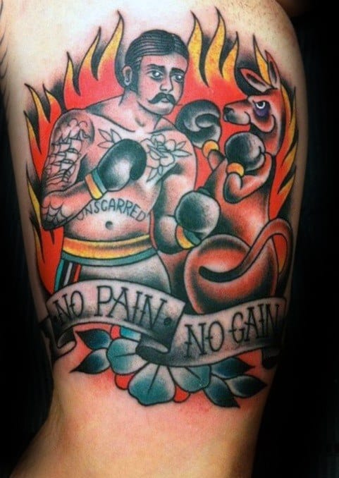 Guy With Kangaroo Tattoo Design No Pain No Gain Old School Arm