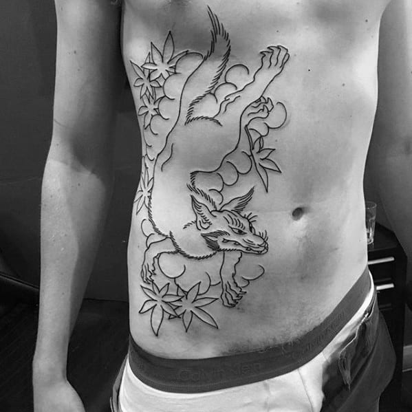 Guy With Kitsune Black Ink Outline Japanese Rib Cage Side Fox Tattoo