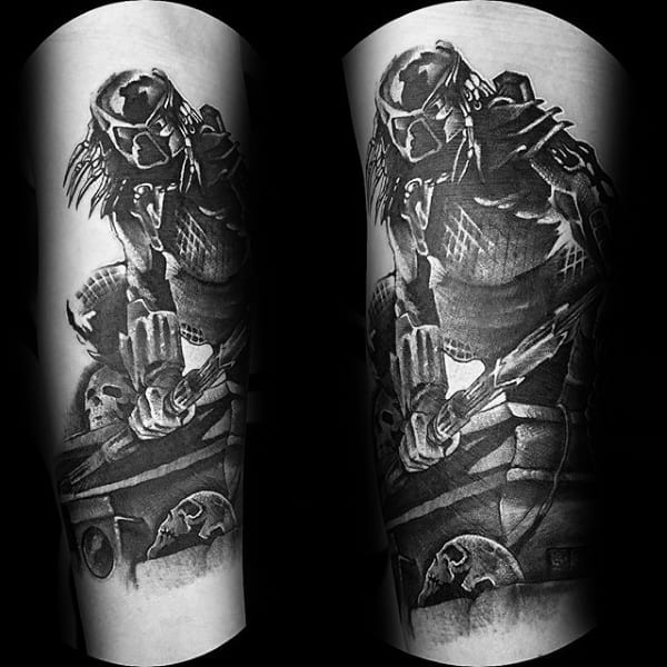 Guy With Leg Predator Shaded Grey And Black Ink Tatoto