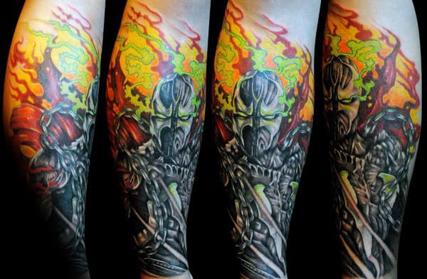 Guy With Leg Sleeve Tattoo Of Spawn Design
