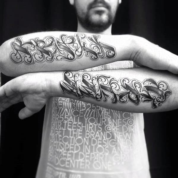 Guy With Lettering Name Outer Forearm Tattoo