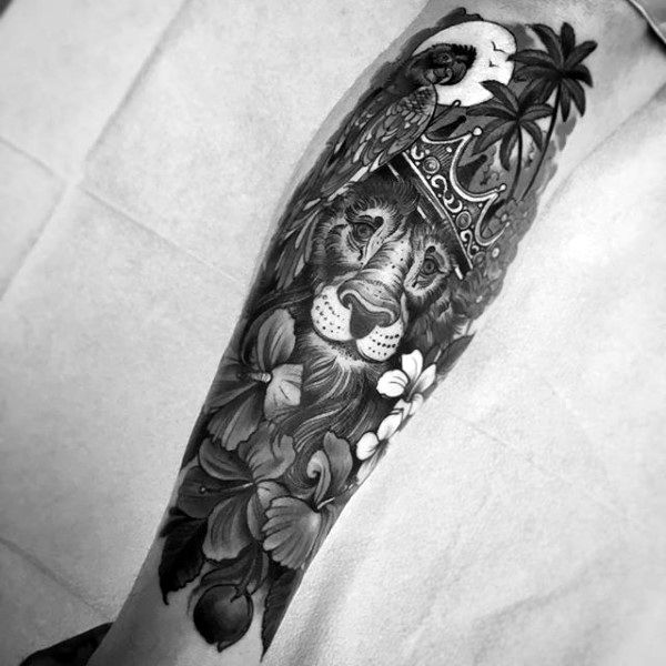 Guy With Lion With Crown Forearm Sleeve Tattoo Design