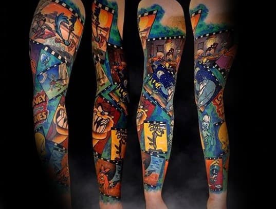 Guy With Looney Tunes Themed Full Arm Sleeve Tattoo Design