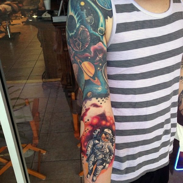 Guy With Magical Space And Astronaut Tattoo Full Sleeves