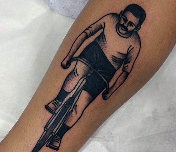 Guy With Moustache On Bicycle Tattoo On Legs