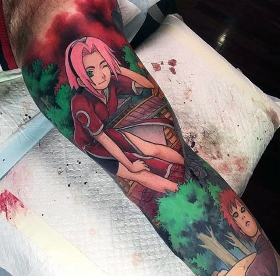 Guy With Naruto Themed Half Sleeve Tattoo Anime Design
