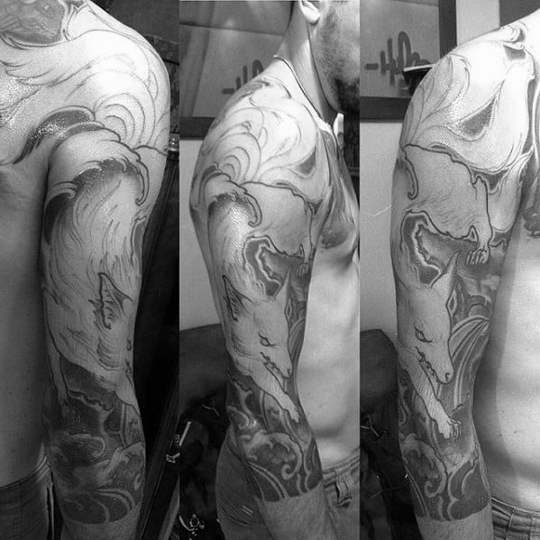 Guy With Nine Tail Fox Kitsune Half Sleeve Heavily Shaded Tattoo