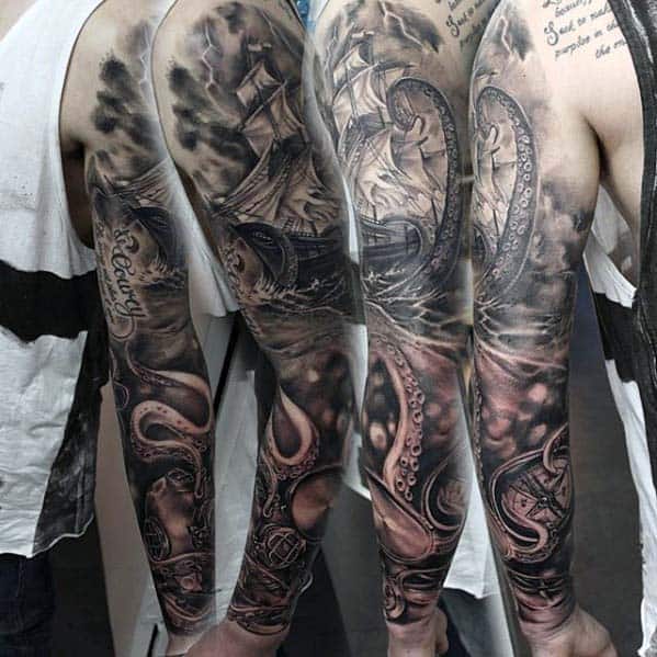 Guy With Octopus Ship Nautical Full Arm Sleeve Tattoo