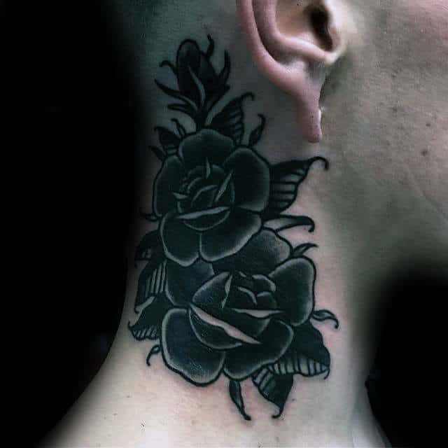 Guy With Old School Black Rose Neck Tattoos