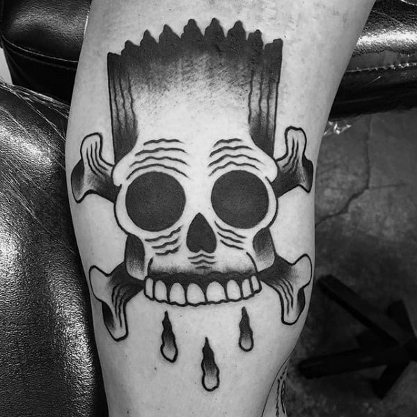 Guy With Old School Traditional Skull Bart Simpson Tattoo Design Leg Calf