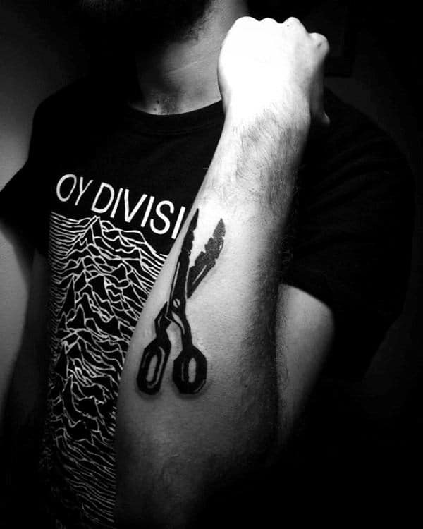 Guy With Outer Forearm Black Ink Scissor Tattoo