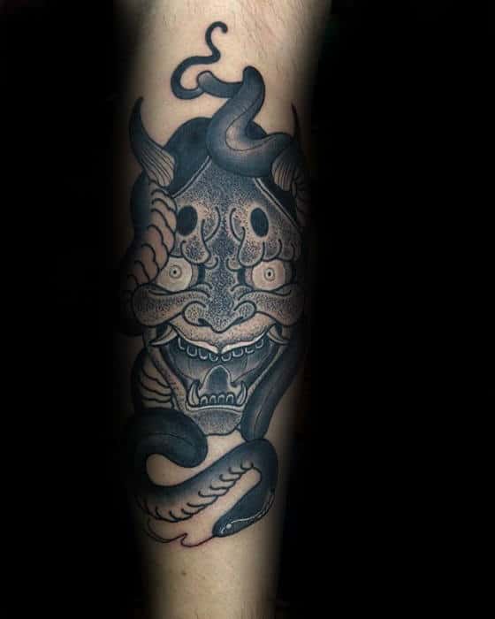 Guy With Outer Forearm Japanese Demon And Snake Tattoo