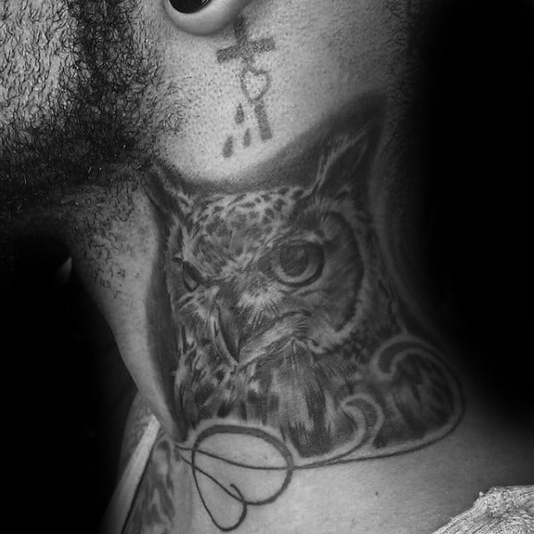 Guy With Owl Neck Tattoo Shaded Black And Grey Ink Design