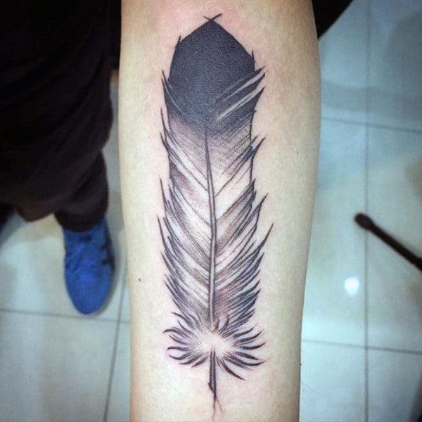 Guy With Pencil Shaded Feather Tattoo Forearms