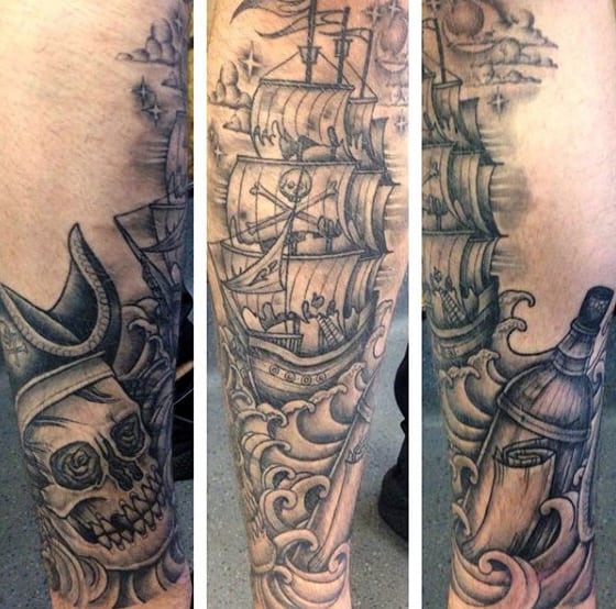 Guy With Pirate Ship Tattoo Sleeve