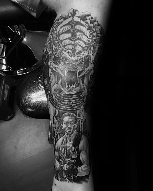 Guy With Predator Movie Themed Full Leg Sleeve Tattoo