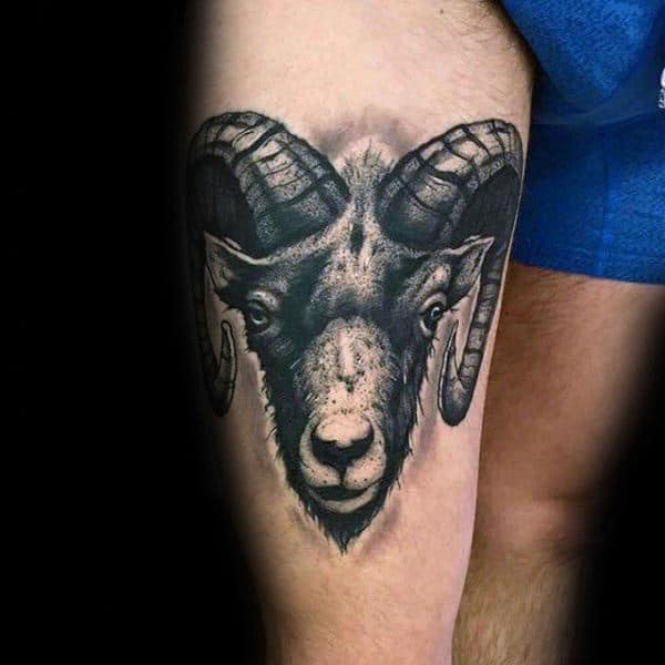 Guy With Ram Thigh Tattoo