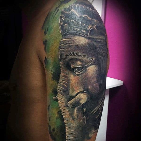 Guy With Realistic Ganesh Watercolor Half Sleeve Tattoo