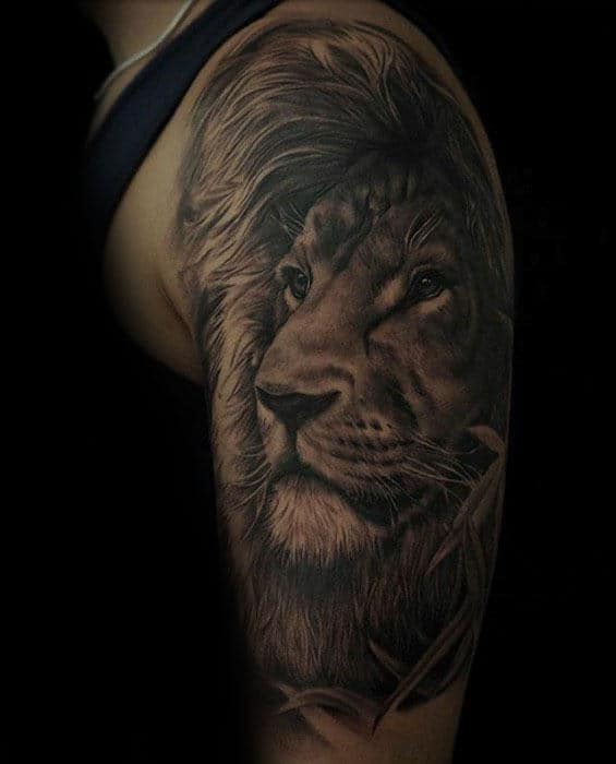 Guy With Realistic Lion Half Sleeve Tattoo Design