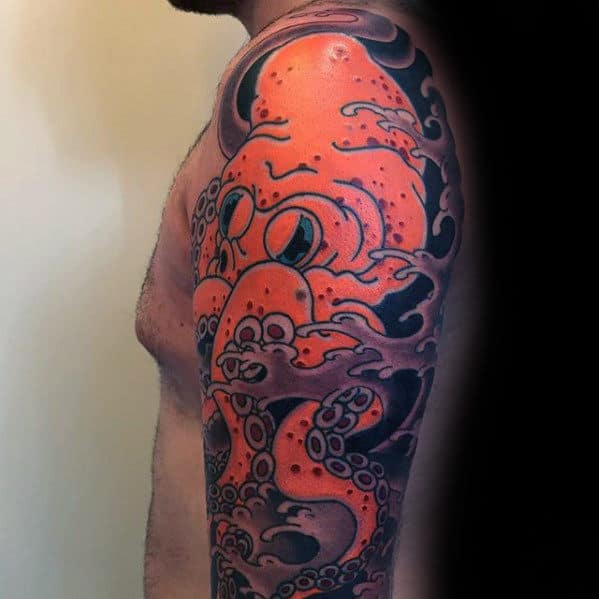 Guy With Retro Old School Orange Octopus Half Sleeve Tattoo