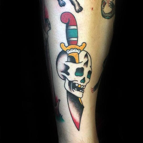 Guy With Retro Traditional Dagger Skull Arm Tattoo Design
