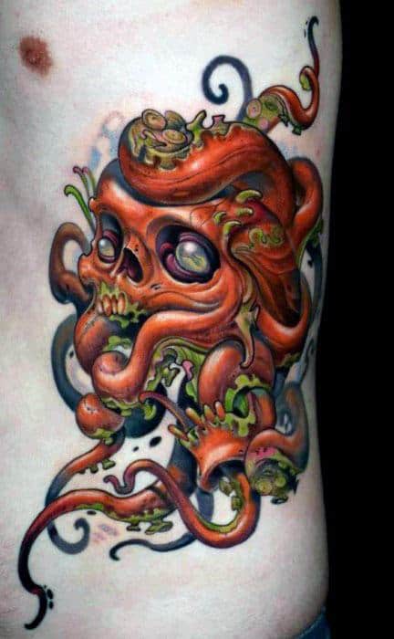 Guy With Rib Cage Side Octopus Skull Tattoo Design