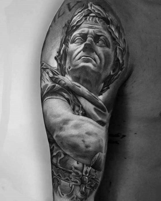 Guy With Roman Statue Tattoo Half Sleeve Design